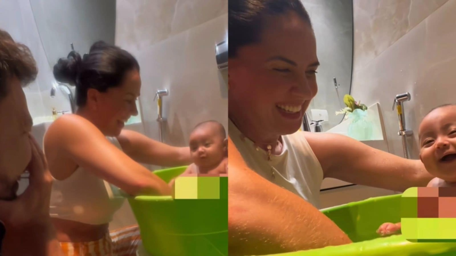 Filha de Graciele e Zezé diverte em seu 1º banho de bacia; veja