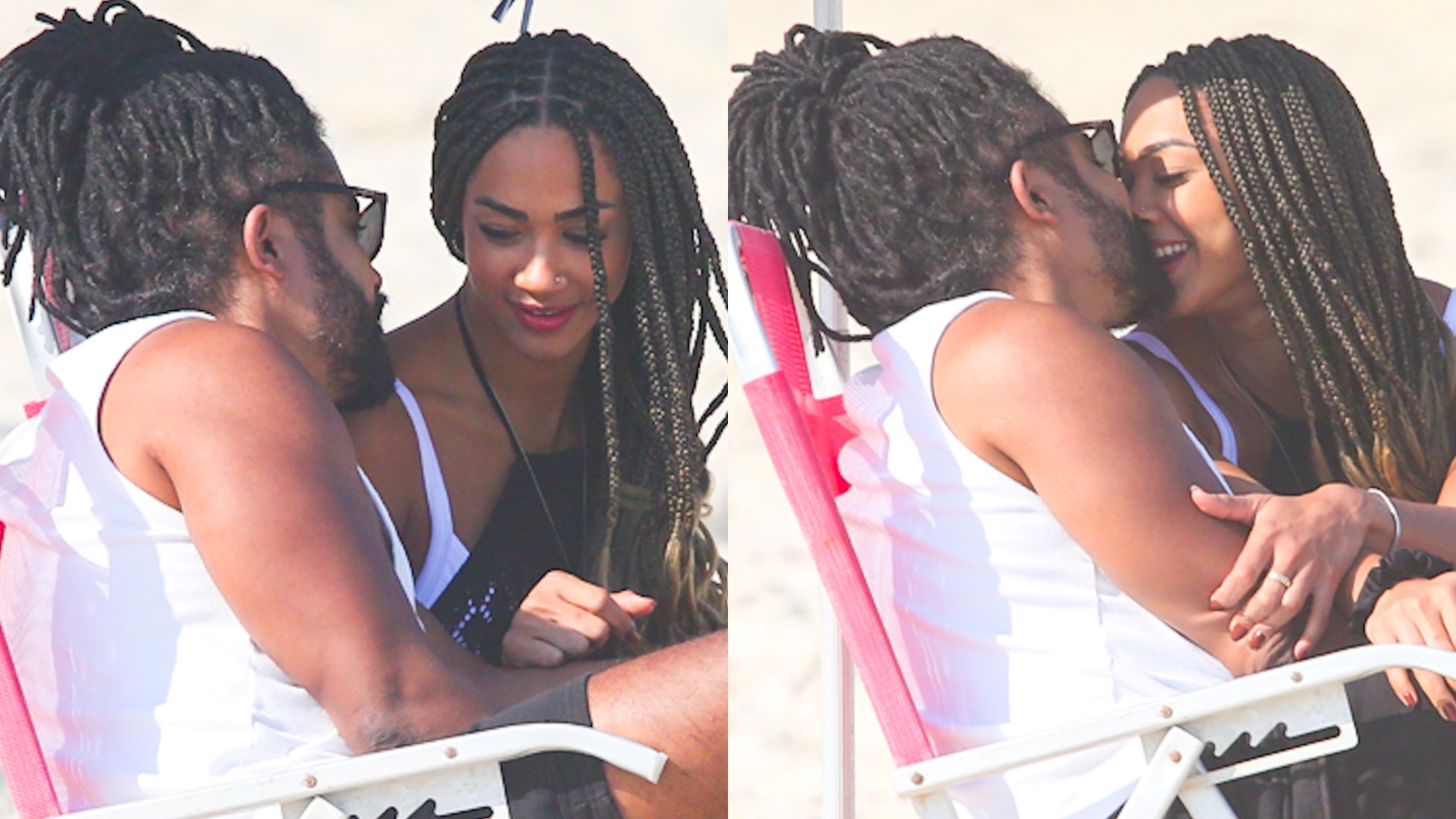 Ex-BBBs Aline e Diogo Almeida aparecem em clima de romance na praia