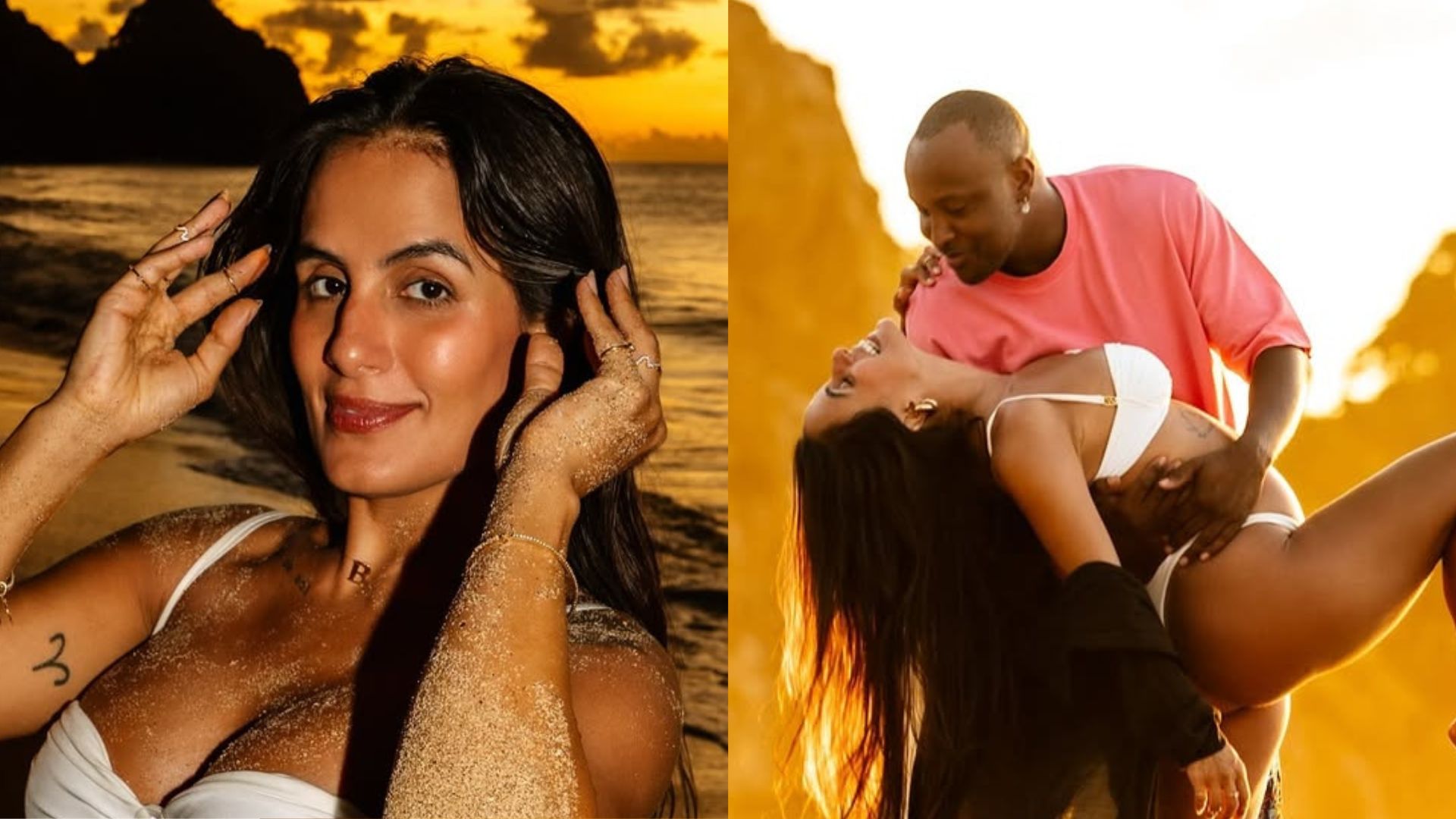 Carol Peixinho exibe a barriga de gravidez ao posar com Thiaguinho em Noronha