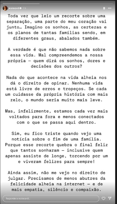 Texto compartilhado por Ma&iacute;ra Cardi no Instagram 