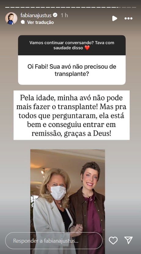 Fabiana Justus atualiza sa&uacute;de da av&oacute; - Reprodu&ccedil;&atilde;o / Instagram