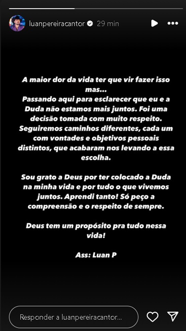 Luan Pereira anuncia fim de noivado com Maria Eduarda &mdash; Foto: Reprodu&ccedil;&atilde;o/Instagram