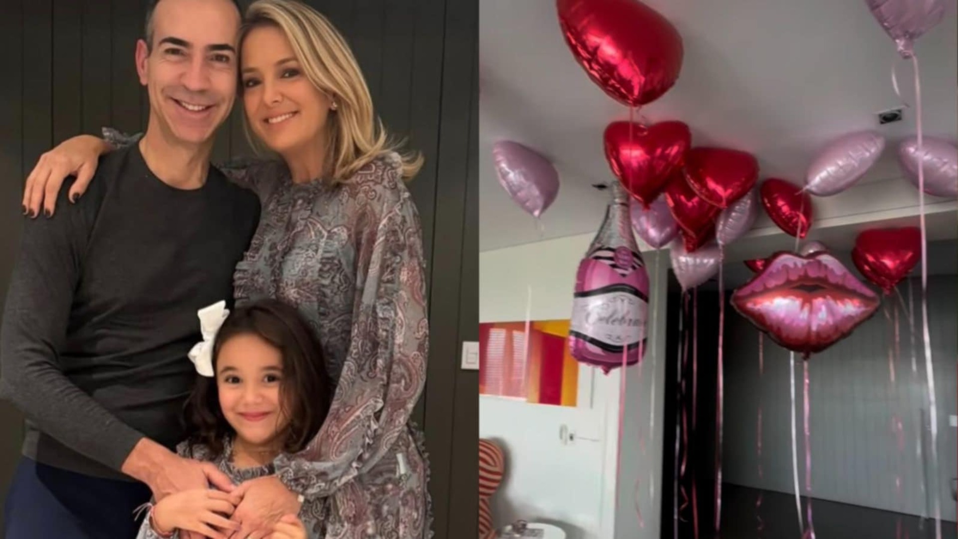 Ticiane Pinheiro e a filha fazem recepção surpresa para César Tralli