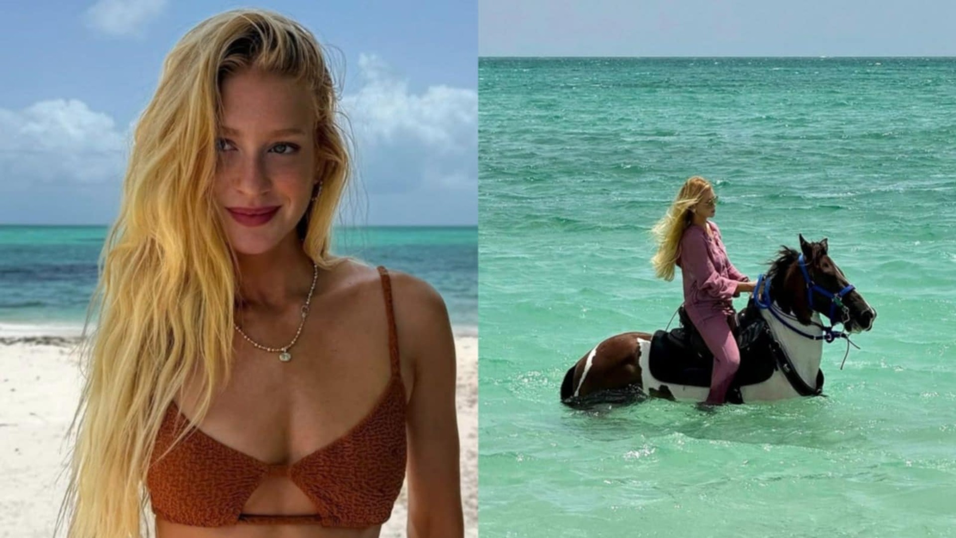 Marina Ruy Barbosa chama a atenção ao andar a cavalo no mar
