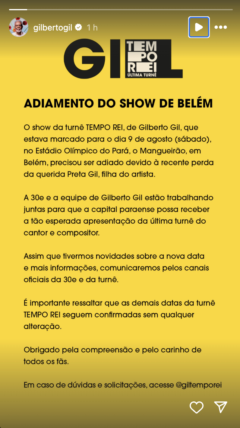 Post da equipe de Gilberto Gil