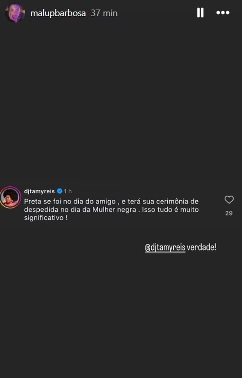 DJ Tamy fala sobre data escolhida para o vel&oacute;rio de Preta Gil &mdash; Foto: Reprodu&ccedil;&atilde;o/Instagram