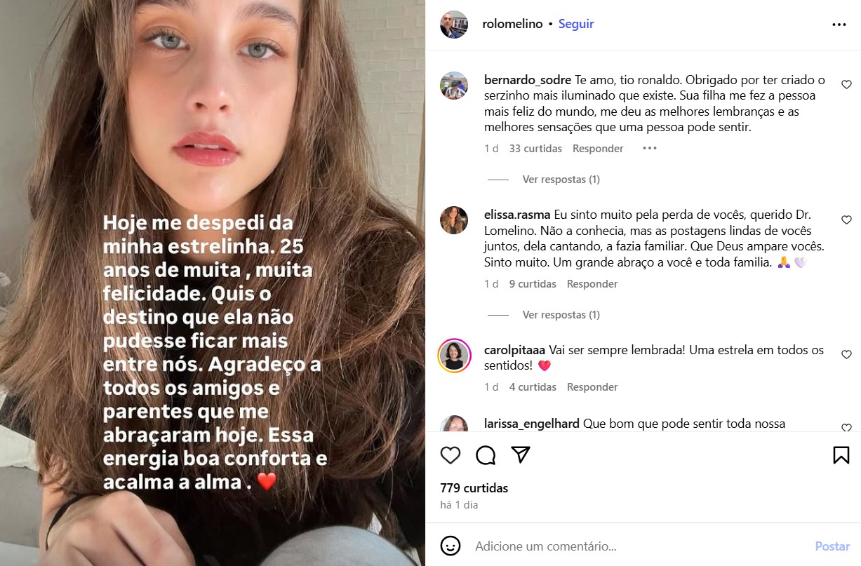 Pai de Bia Lomelino lamenta morte da atriz - Foto: Reprodu&ccedil;&atilde;o / Instagram
