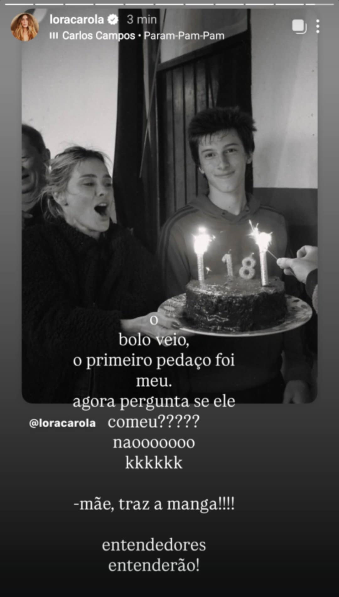 Carolina Dieckmmann brinca sobre o filho não ter comido bolo em seu aniversário de 18 anos