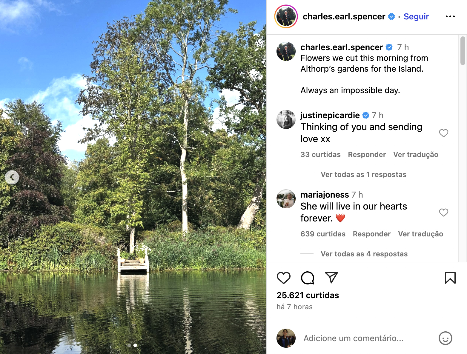 Foto da ilha onde o corpo da princesa Diana foi enterrado - Foto: Reprodu&ccedil;&atilde;o / Instagram