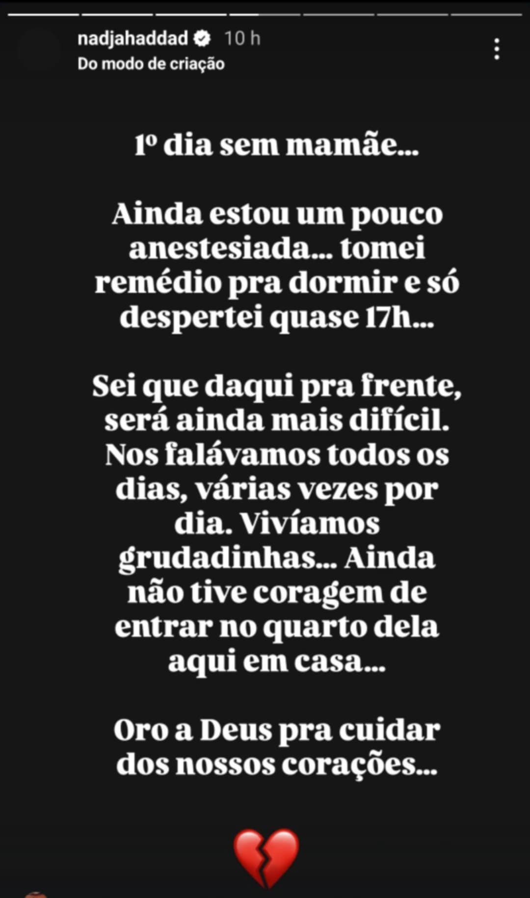 Nadja Haddad desabafa em primeiro dia sem a m&atilde;e