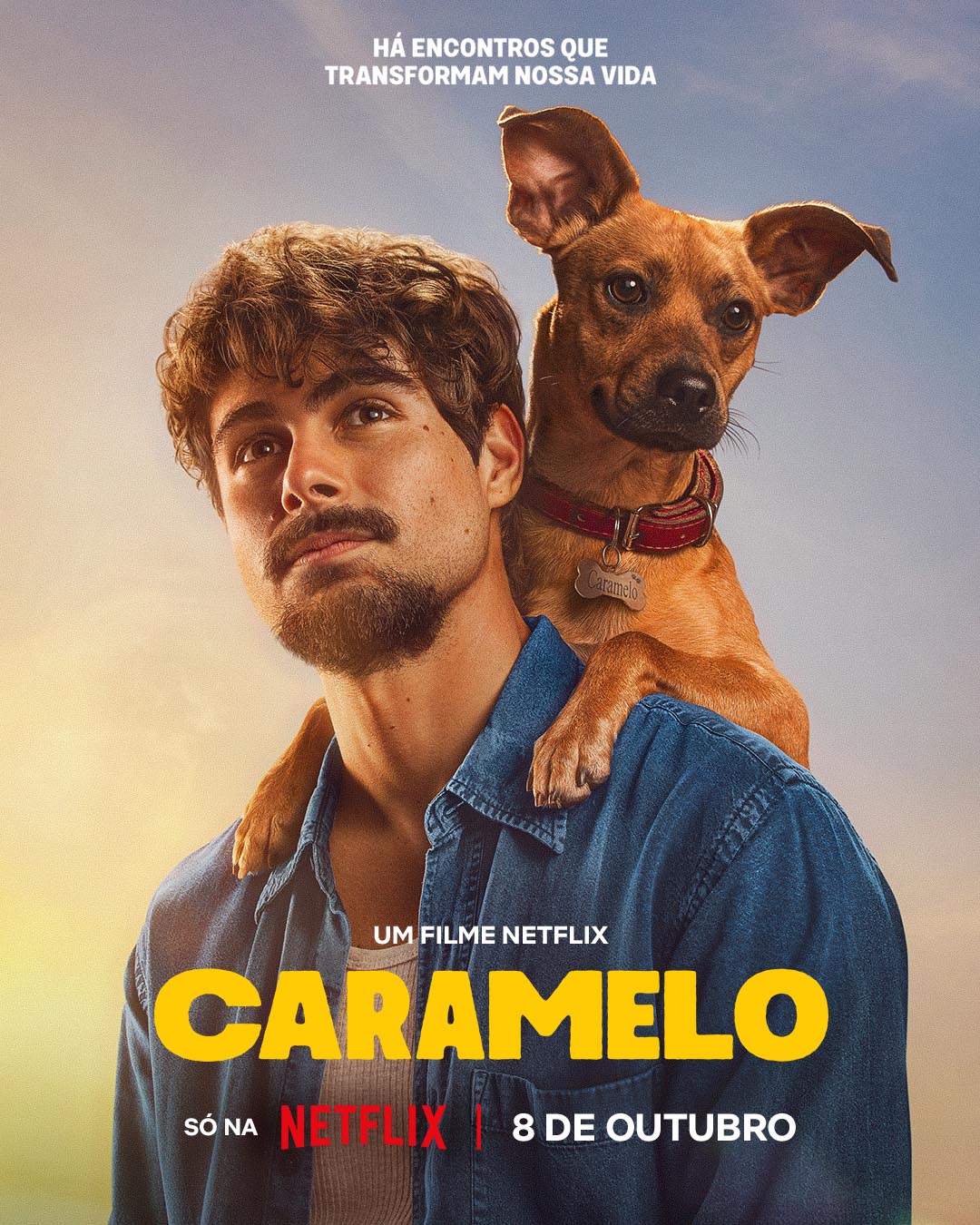 Rafael Vitti e o cachorro Amendoim no p&ocirc;ster do filme 'Caramelo' - Foto: Netflix