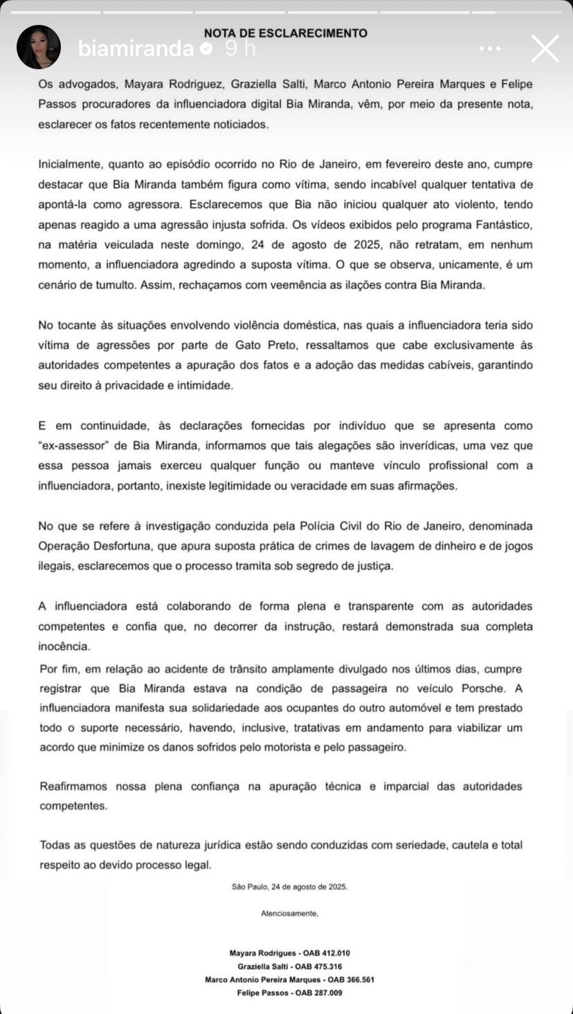 Bia Miranda se pronuncia atrav&eacute;s de advogados - Reprodu&ccedil;&atilde;o/Instagram