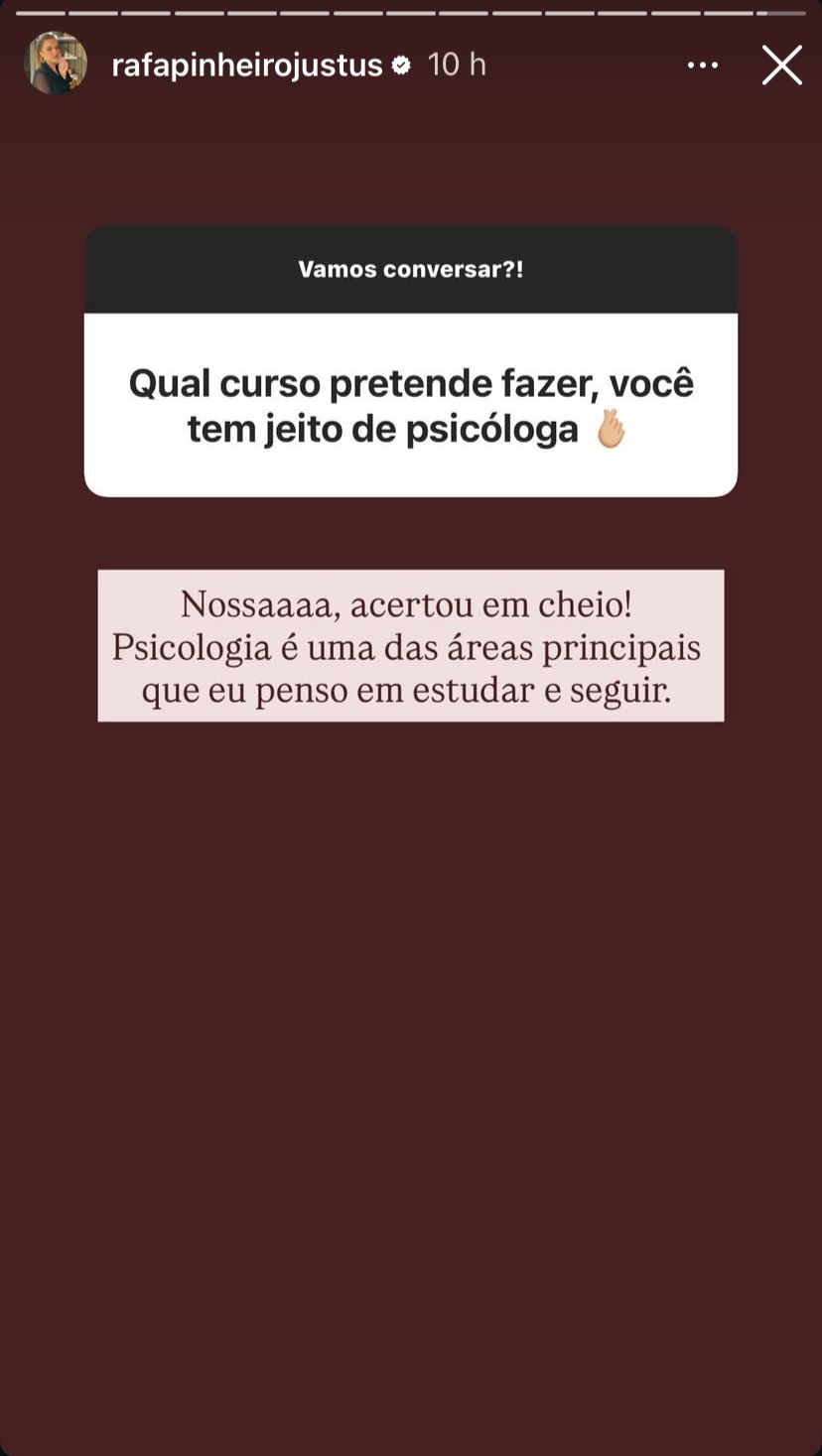 Rafaella Justus revela qual &aacute;rea deseja seguir - Reprodu&ccedil;&atilde;o/Instagram