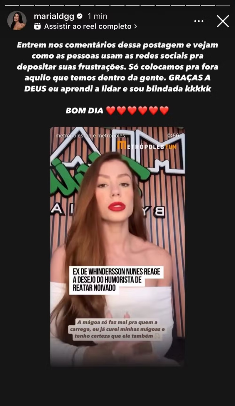 Desabafo de Maria Lina &mdash; Foto: Reprodu&ccedil;&atilde;o/Instagram