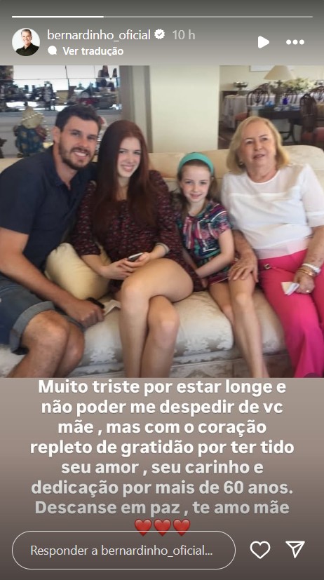 Bernardinho lamenta morte da mãe - Reprodução/ Instagram @bernardinho_oficial