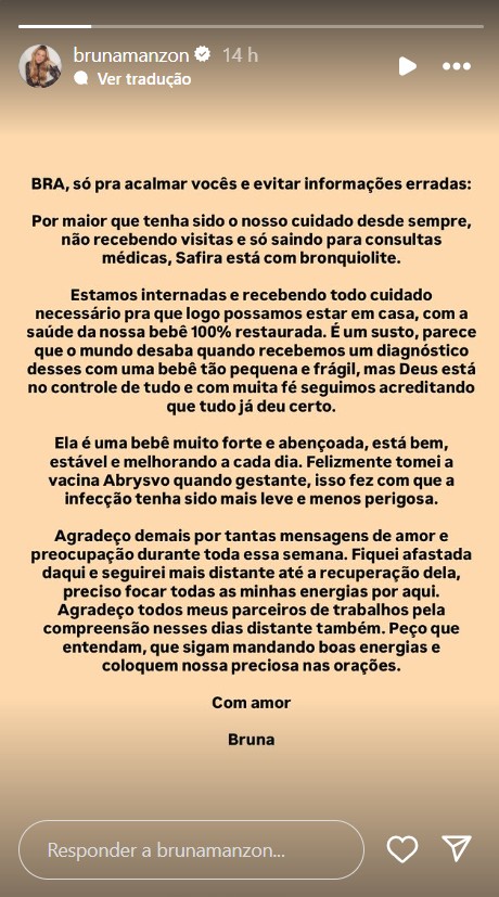 Filha de Bruna Manzon está internada - Reprodução/Instagram @brunamanzon