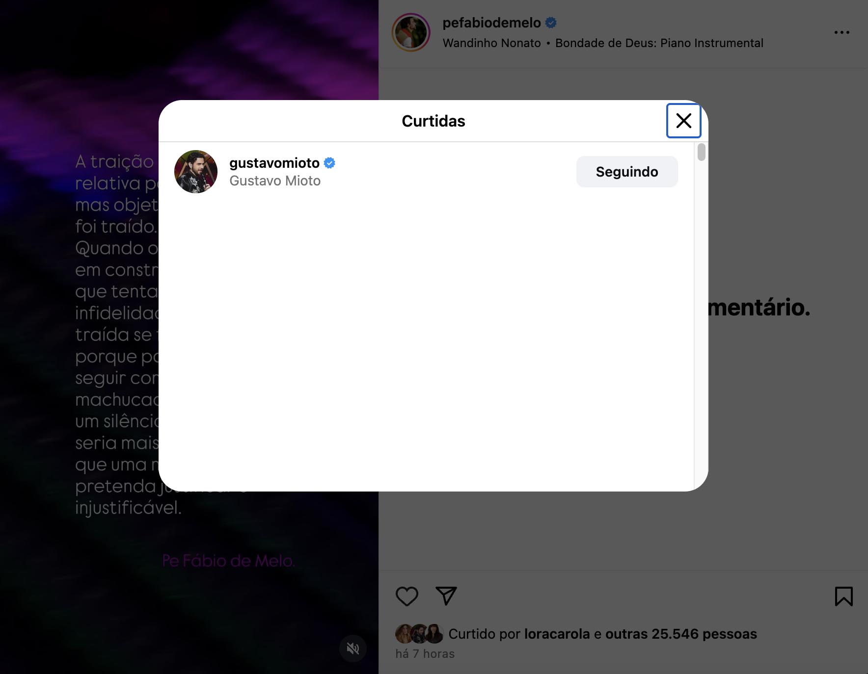Curtida de Gustavo Mioto em post do Padre Fábio de Melo - Foto: Reprodução / Instagram @pefabiodemelo
