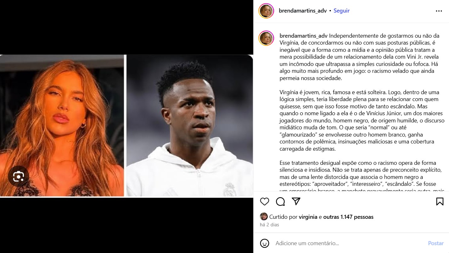 Virginia Fonseca curte publica&ccedil;&atilde;o sobre Vini Jr - Foto: Reprodu&ccedil;&atilde;o / Instagram
