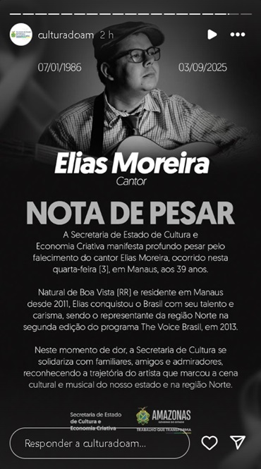 Secretaria de Estado de Cultura e Economia Criativa do Amazonas lamentou a morte do cantor