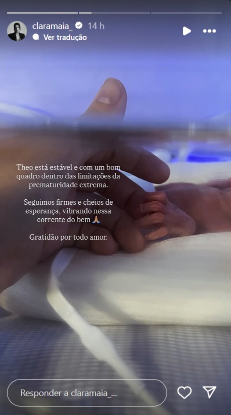 Theo, filho de Clara Maia, segue internado - Reprodução/Instagram @claramaia_