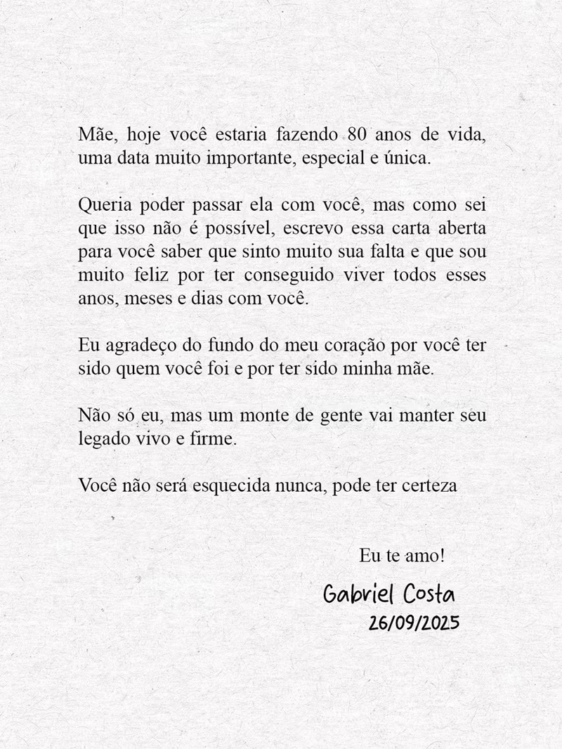Filho de Gal Costa, Gabriel Costa mostra carta que escreveu para a cantora — Foto: Reprodução/Instagram @galcosta