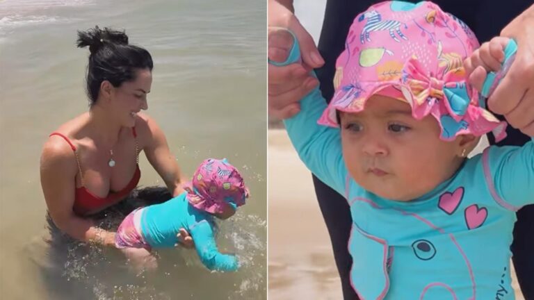 Graciele Lacerda mostra o primeiro banho de mar da filha, Clara