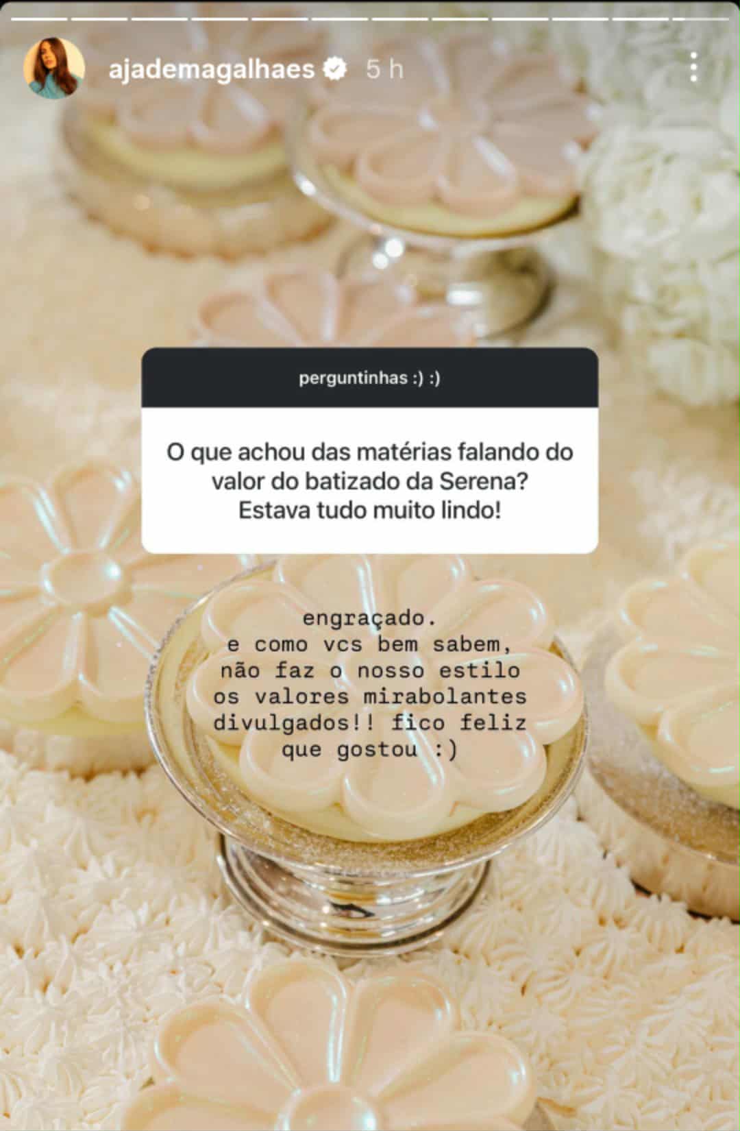 Jade Magalhães sobre os gastos do batizado de Serena