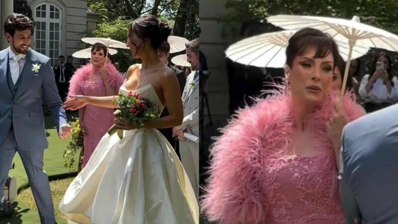 Mãe da filha de Faustão, Magda Colares usa look com plumas no casamento da herdeira