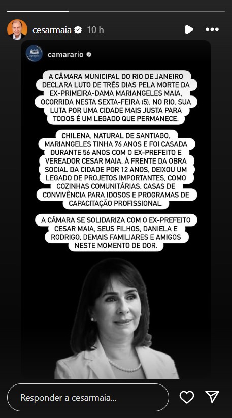 C&acirc;mara do Rio lamenta morte de Mariangeles Maia - Reprodu&ccedil;&atilde;o/Instagram