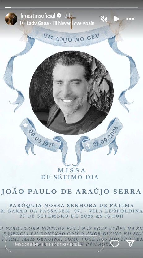 Missa de sétimo dia de falecimento JP Mantovani - Reprodução/Instagram @limartinsoficial
