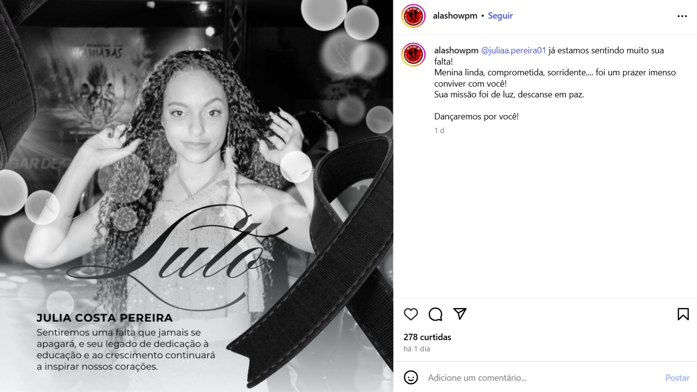 Julia Costa era passista da Drag&otilde;es da Real - Foto: Reprodu&ccedil;&atilde;o / Instagram