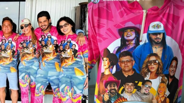 Poliana Rocha e Leonardo usam roupas personalizadas com Ana Castela e Zé Felipe para pescarem