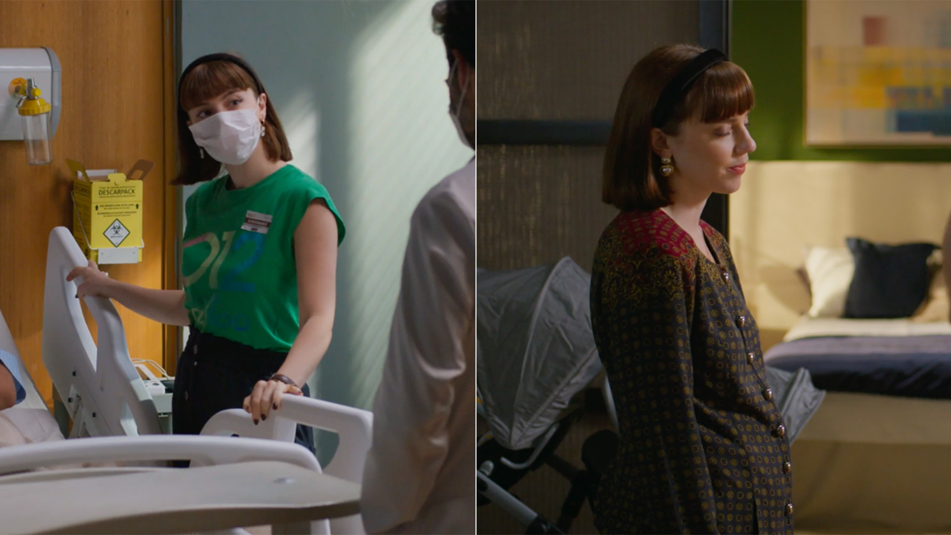 Solange (Alice Wegmann) na novela Vale Tudo em cenas exibidas nos dias 25/09 e 19/09, respectivamente - Foto: Reprodução / Globo
