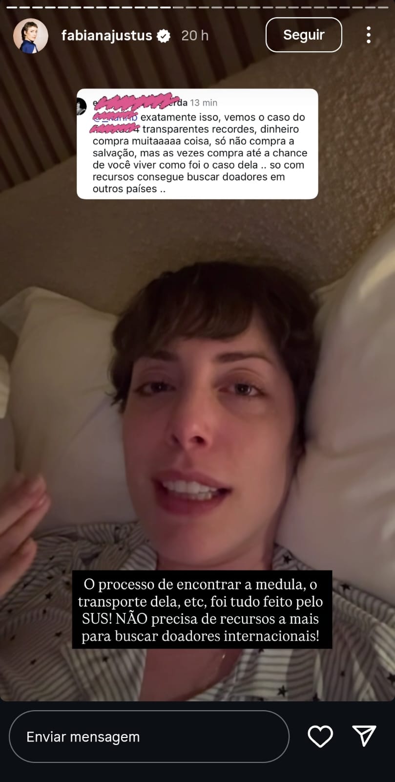 Fabiana Justus sobre transplante de medula no SUS