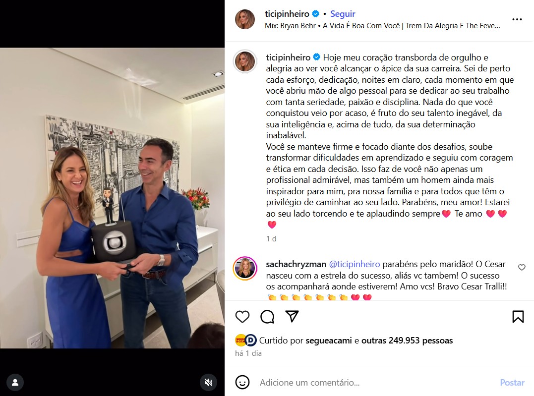 Ticiane Pinheiro parabeniza C&eacute;sar Tralli - Foto: Reprodu&ccedil;&atilde;o / Instagram