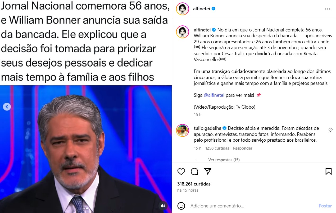 Túlio Gadelha parabeniza William Bonner - Foto: Reprodução / Instagram