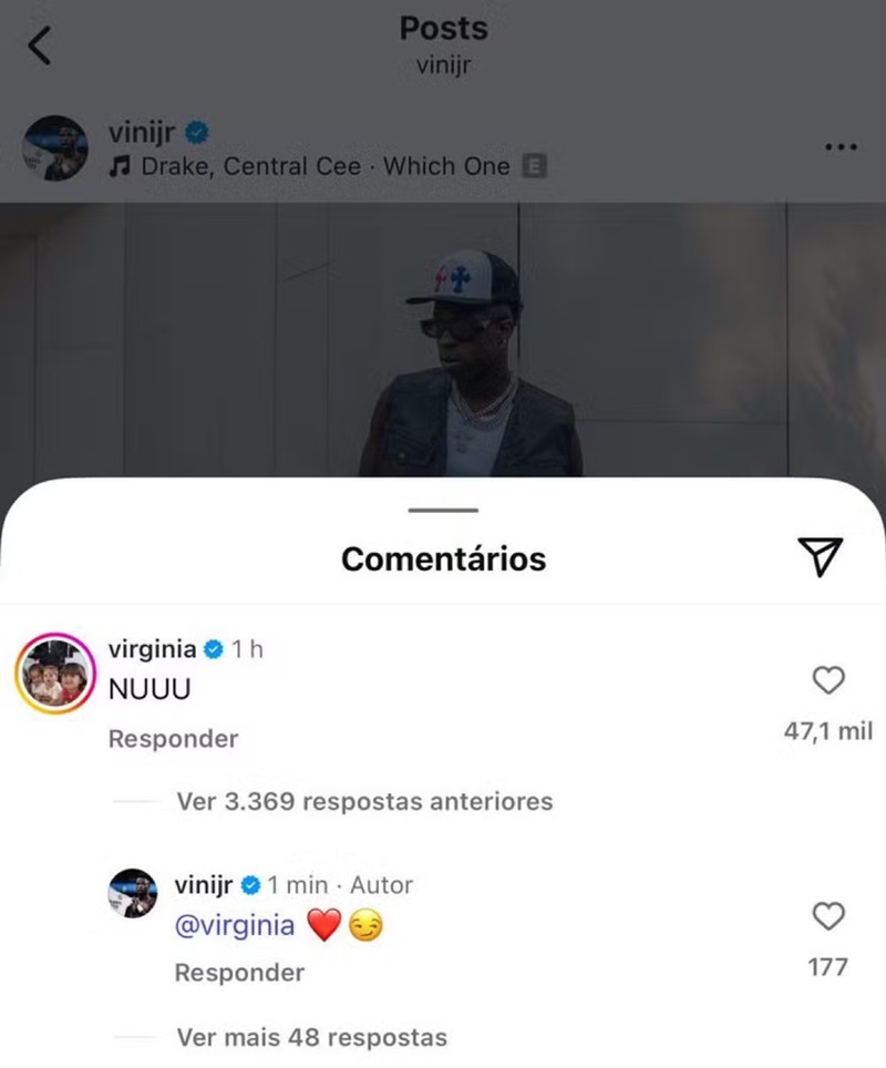 Interação de Virginia e Vini Jr — Foto: Reprodução/ Instagram @vinijr