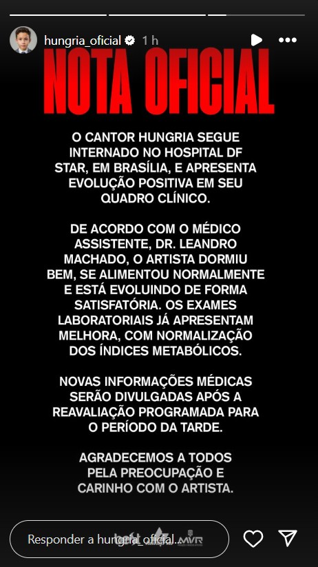 Novo boletim de Hungria - Foto: Reprodução / Instagram @hungria_oficial