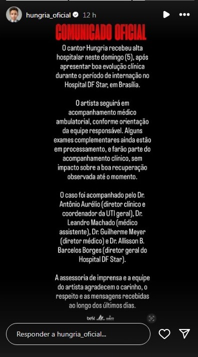 Hungria recebe alta hospitalar - Reprodução/Instagram @hungria_oficial