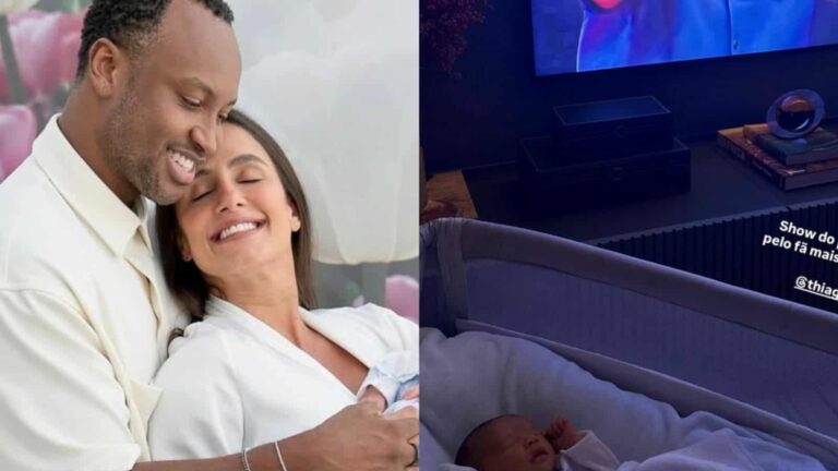 Carol Peixinho mostra o rosto do filho ao exibi-lo ouvindo show de Thiaguinho