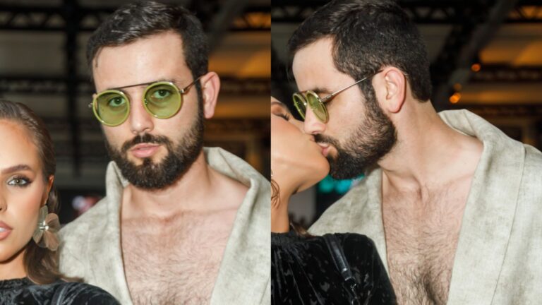 Ex-BBB Matteus Amaral troca beijos com a namorada em desfile em SP