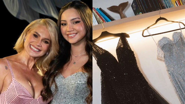 Flávia Alessandra exibe os detalhes dos vestidos de 15 anos da filha caçula