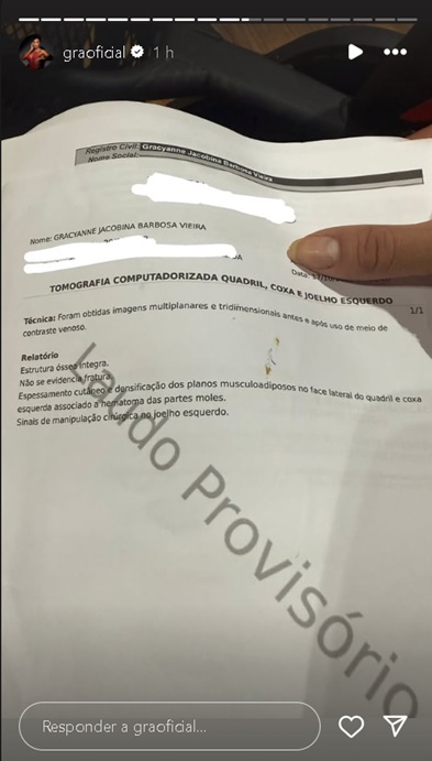 Exame de Gracyanne Barbosa -Foto: Reprodução/Instagram @graoficial