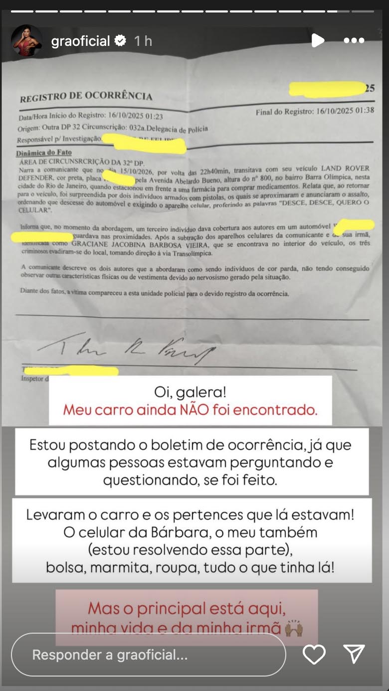 Boletim de ocorrência registrado por Gracyanne Barbosa - Foto: Reprodução / Instagram