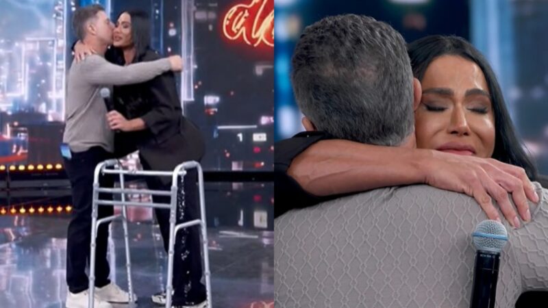 De andador, Gracyanne Barbosa retorna ao palco do Domingão e recebe proposta de Huck