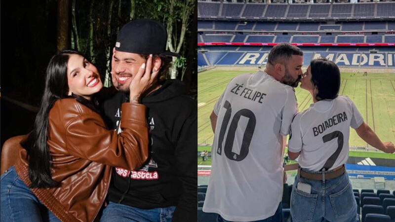 Zé Felipe e Ana Castela reagem a casal de influenciadores que usou camisa temática em estádio do Real Madrid — Foto: Reprodução/Instagram @maluzinhaa e @zefelipe