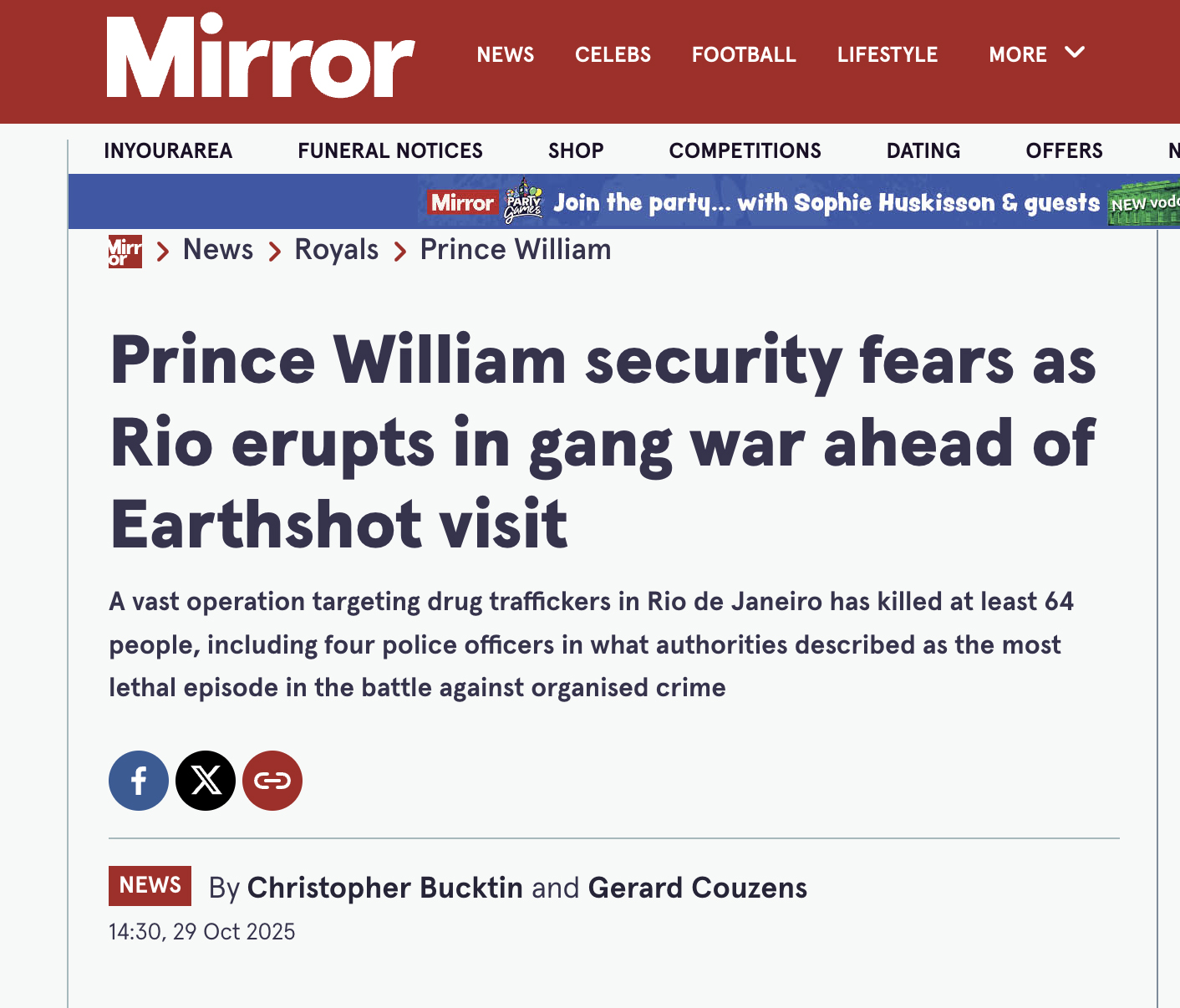 Jornais britânicos falam sobre a visita do príncipe William no Rio de Janeiro após megaoperação policial - Foto: Reprodução