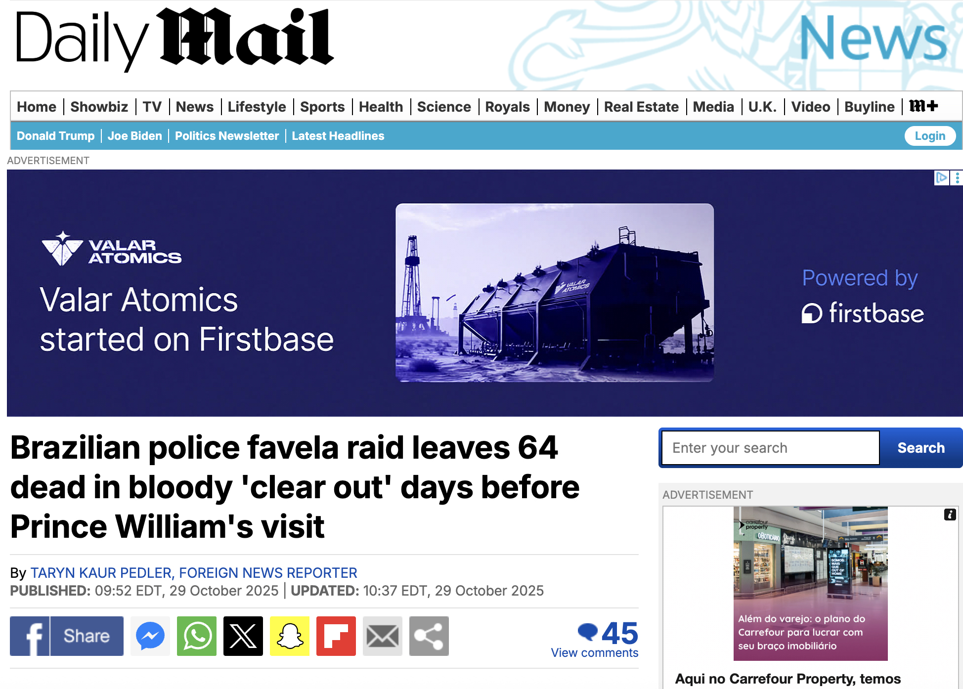 Jornais britânicos falam sobre a visita do príncipe William no Rio de Janeiro após megaoperação policial - Foto: Reprodução