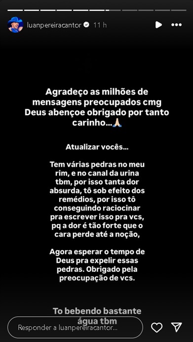 Luan Pereira desabafa após pedras nos rins— Foto: Instagram @luanpereiracantor