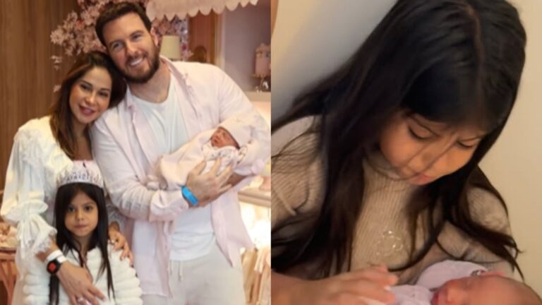 Filha de Maíra Cardi surge em momento carinhoso com a irmã recém-nascida
